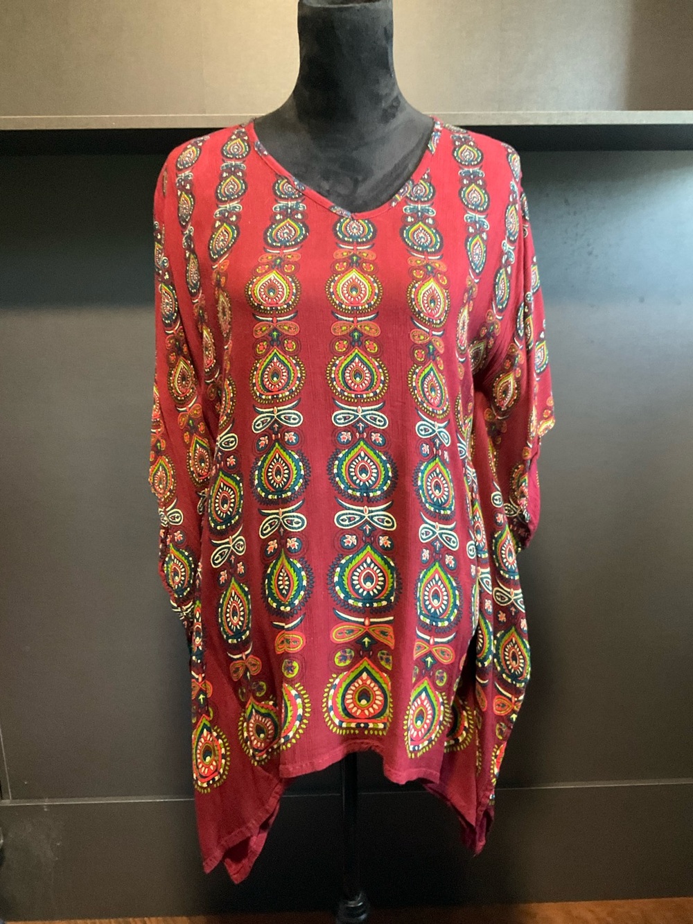 Earthbound Trading Co. small Boho burgundy print top